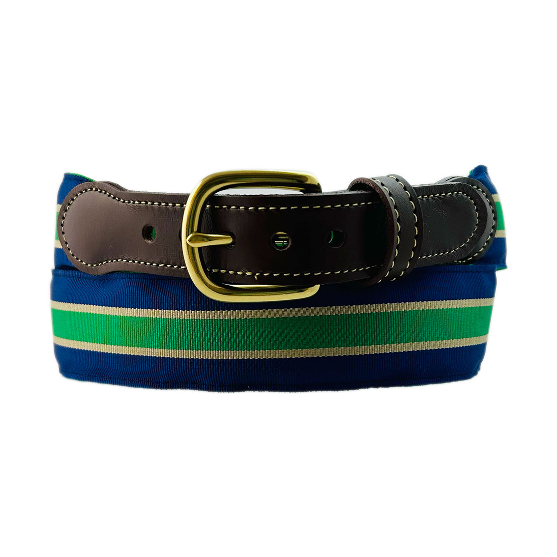 Green & Blue Striped Ribbon Belt With Yellow Stitch Tab & Brass Buckle ...