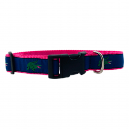 Adjustable Dog Collar in Hot Pink Nylon with Green Alligator Motif