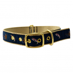 Classic Dog Collar in Khaki Nylon with Trout & Fly Motif