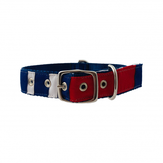 Classic Dog Collar in Navy Nylon with Mariner Stripe Eliza B Leather Man Ltd