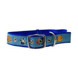 Classic Dog Collar in Royal Blue Nylon with Tropical Fish Motif