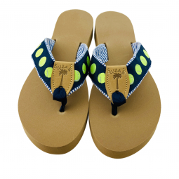 Navy Seersucker Sandal with 535 Tennis Ball Motif & Dark Navy Toe Ribbon