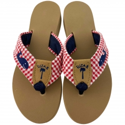 Red Gingham Sandal with Navy Whale Embroidery Dark & Navy Stamp
