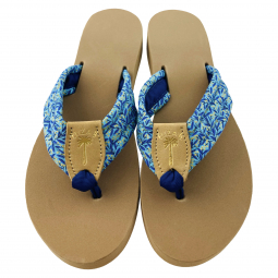 Butterfly Bush Fabric Sandal With Lt Navy Toe Ribbon & Gold Stamp
