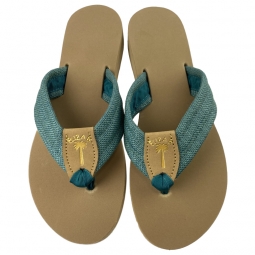 Raffia Verde Sandal with Gold Stamp and Teal Toe Ribbon