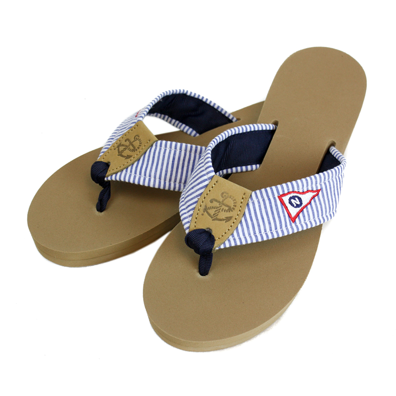 Ladies Sandal with NYC Burgee Embroidered onto Navy Seersucker with a Navy Toe Ribbon